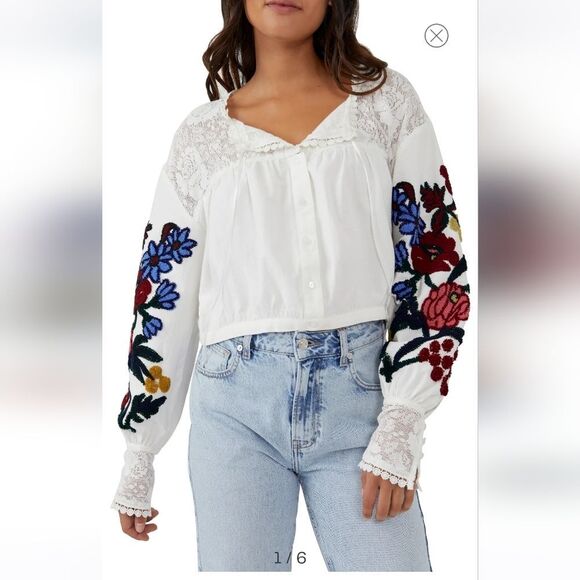 Free People Tops - Nwt Free People Meadows Womens embroidered cropped cotton blouse Sz L